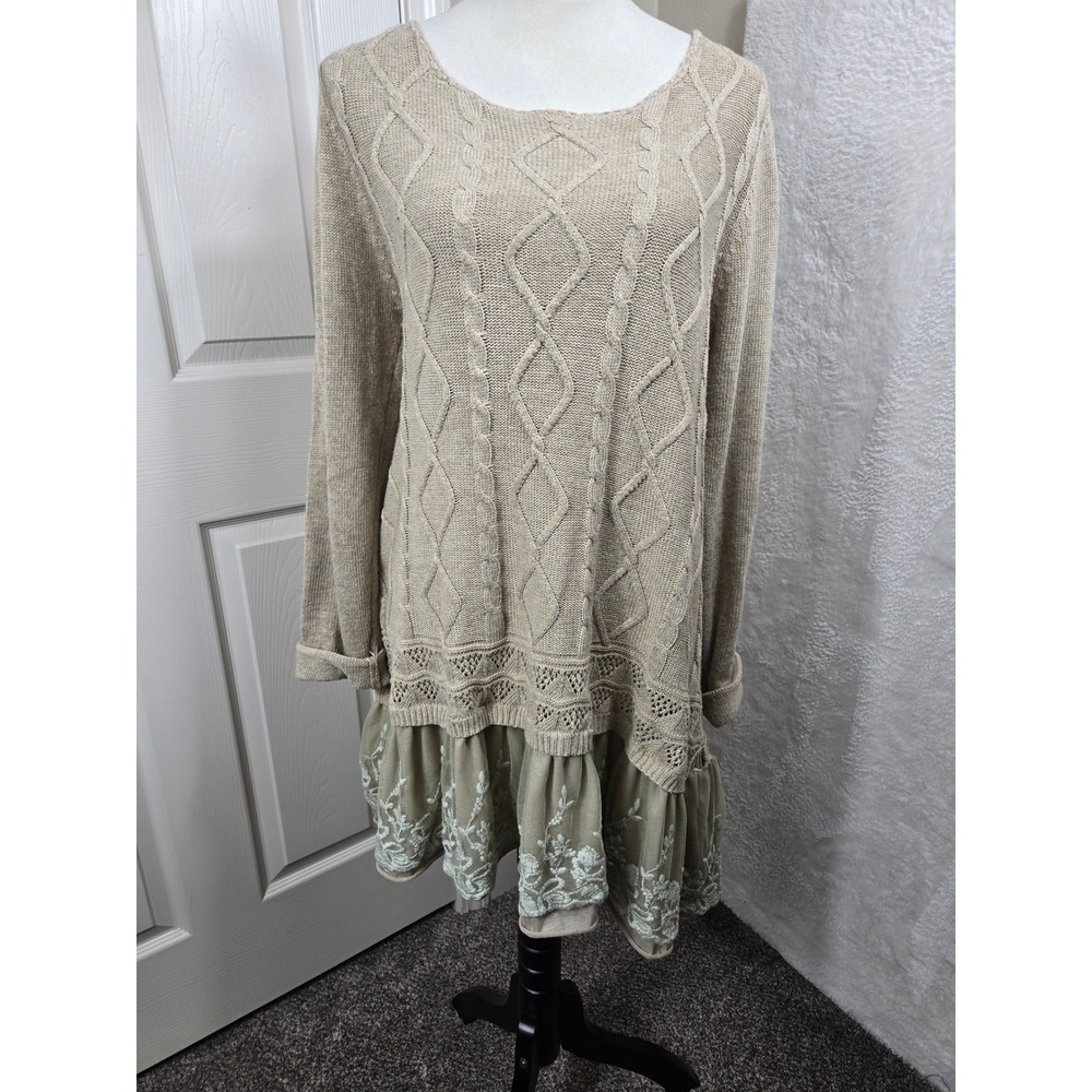 John Fashion Size M Knit Sweater Dress Cable Knit‎ Ruffle Hem LS Boho Chic
